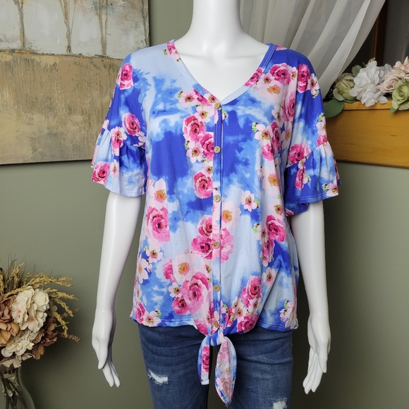 Reborn J Tops - Reborn J Floral Clouds Front Tie Top